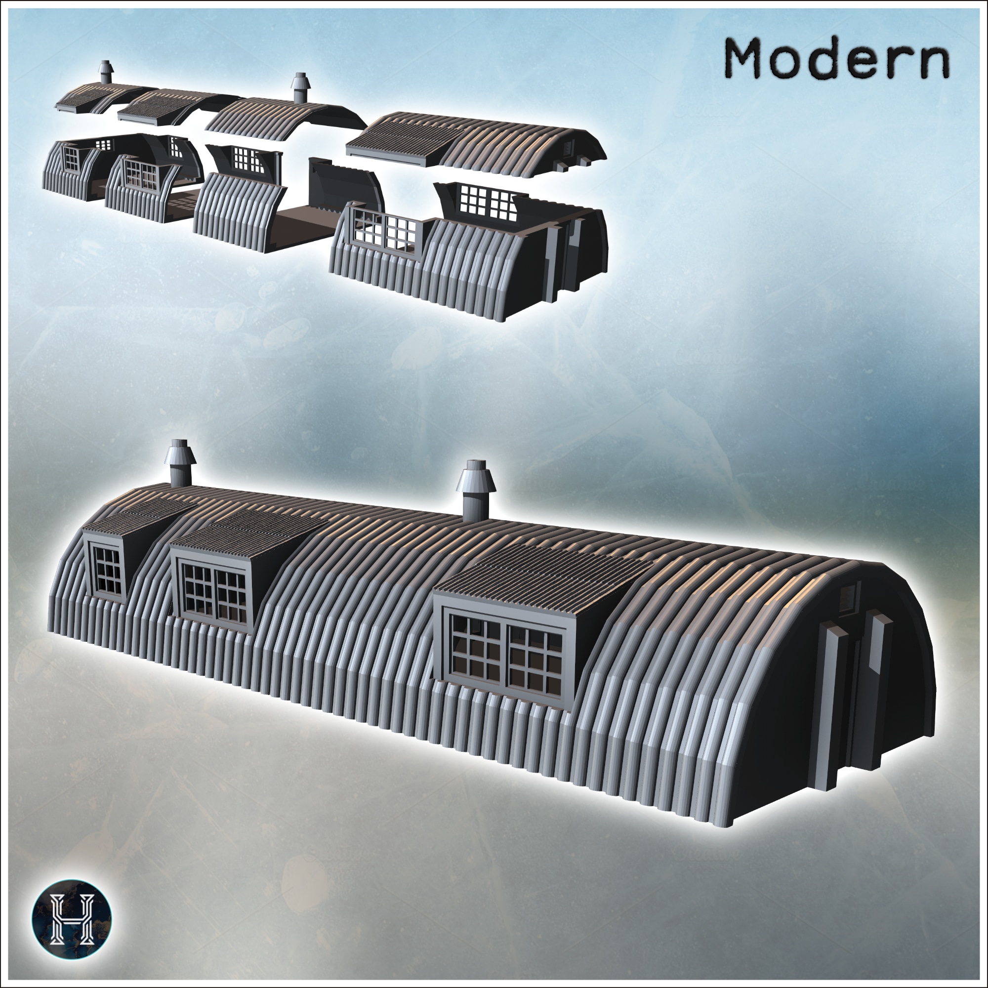 Long corrugated metal building with multiple windows and chimneys on top (16) - Modern WW2 WW1 World War Diaroma Wargaming RPG Mini Hobby